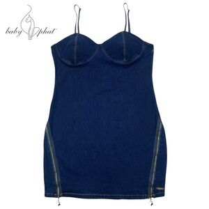 Baby Phat Women’s Stretch Denim Bustier Mini Dress 2X Zip Gold Y2K